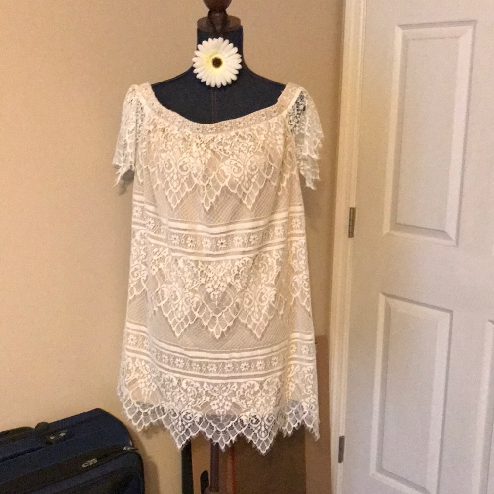 Lace off-the-shoulder dress, nude lining